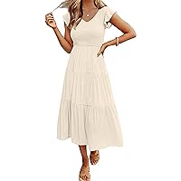 Women's Flutter Sleeve Smocked Midi Dress V Neck Casual Tiered Dresses with Pockets