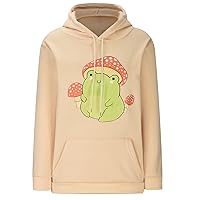 Women's Cute Hoodie Tops Kawaii Frog Print Long Sleeve Hooded Sweatshirts Mushroom Pullover Tee for Teen Girls