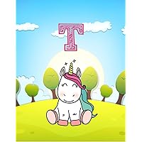 T: Monogram Initial T with Little Unicorn Notebook for Kids, Children, Girl, Boy 8.5x11