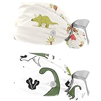 2 Packs Working Cap with Button Adjustable Elastic Bandage Tie Back Hats Scrub Surgical Cap Cute Cartoon Dinosaur Egg