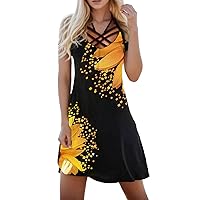 Black Dresses for Women Sexy Short,Women Summer Sexy Lace Up Pullover Mini Dress Vintage Print Hollow Out V NEC