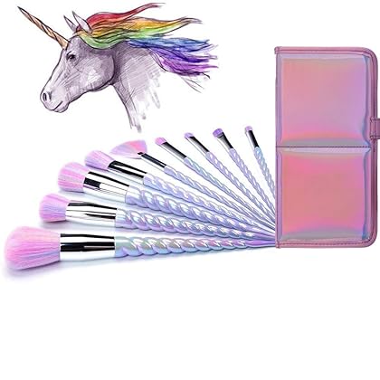 AMMIY Makeup Brushes 10pcs Unicorn Makeup Brushes Set With Colorful Bristles Unicorn Horn Shaped Handles Fantasy Makeup Brush Foundation Eyeshadow Brush Kit With a Cute Iridescent Carrying Case