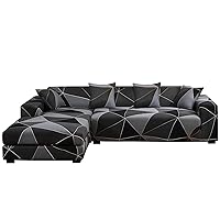 MIFXIN Sectional Sofa Cover 2 Piece Stretch 3 Seat L Shape Couch Slipcovers Elastic Printed Sectional Sofa Furniture Protector for Living Room with 4pcs Pillow Covers (Black Gray)