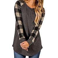 Raglan T Shirts Women Short Long Sleeve Tops Tunic Blouse Plaid Leopard Stripe Tee