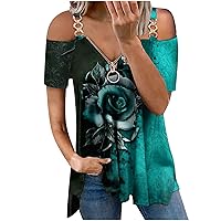 Women Summer Clod Shoulder T-Shirts Tops Trendy Casual Loose Fit Tunic Tees Sexy Short Sleeve Plus Size Zipper Blouses