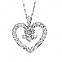 925 Sterling Silver 0.25 Cttw Round Cut White Natural Diamond Fleur-de-Lis Heart Pendant Necklace for Women (Color I-J, Clarity I2-I3)