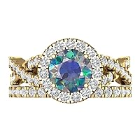 Clara Pucci 2.15ct Round Cut Halo Solitaire Blue Moissanite Engagement Promise Anniversary Bridal Designer Ring Band set 18K Yellow Gold