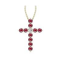14k Yellow Gold timeless cross pendant set with 10 beautiful red ruby stones (1/4ct, AA Quality) encompassing 1 round white diamond, (.055ct, H-I Color, I1 Clarity), dangling on a 18
