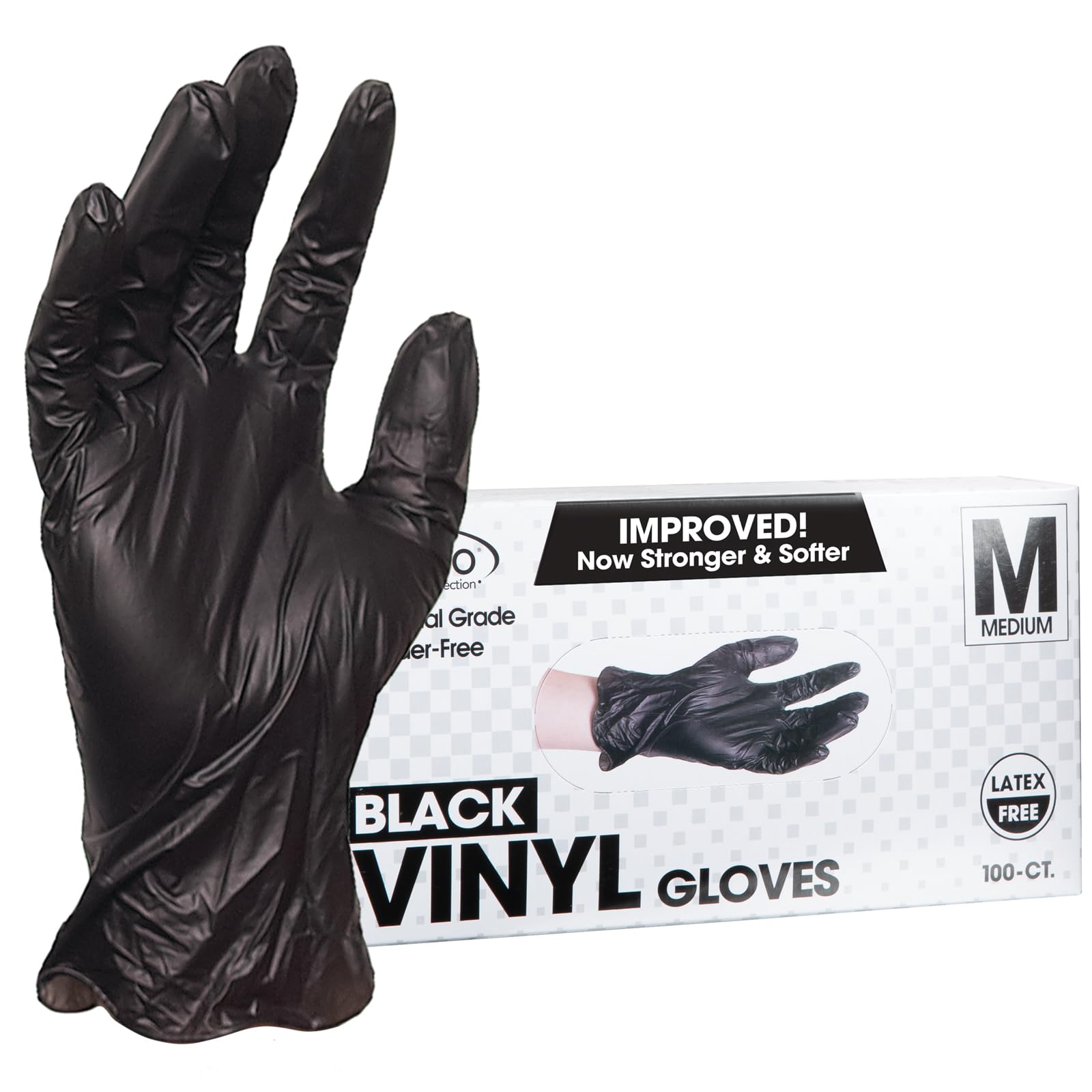 ForPro Disposable Vinyl Gloves, Black, Industrial Grade, Powder-Free, Latex-Free, Non-Sterile, Food Safe, 2.75 Mil. Palm, 3.9 Mil. Fingers, Medium, 100-Count