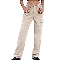 Womens Cargo Denim Pants Casual Mid Waisted Baggy Straight Leg Stretch Trousers Western Jean Pants with Pockets