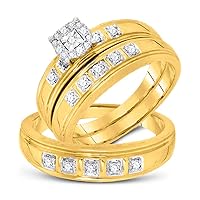 The Diamond Deal 10kt Yellow Gold His & Hers Round Diamond Solitaire Matching Bridal Wedding Ring Band Set 1/4 Cttw