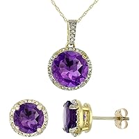 Silver City Jewelry 10K Yellow Gold Diamond Natural Amethyst 7mm Earrings & 11mm Pendant Round Set
