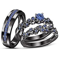 Round Cut Created Blue Sapphire Engagement Trio Ring with Band Set for Him & Her 14k Black Gold Plated 925 Sterling Silver
