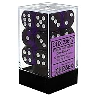 Chessex Dice Translucent Purple 6 Sided 16mm Dice Block (12-Dice), Purple/White (23607)