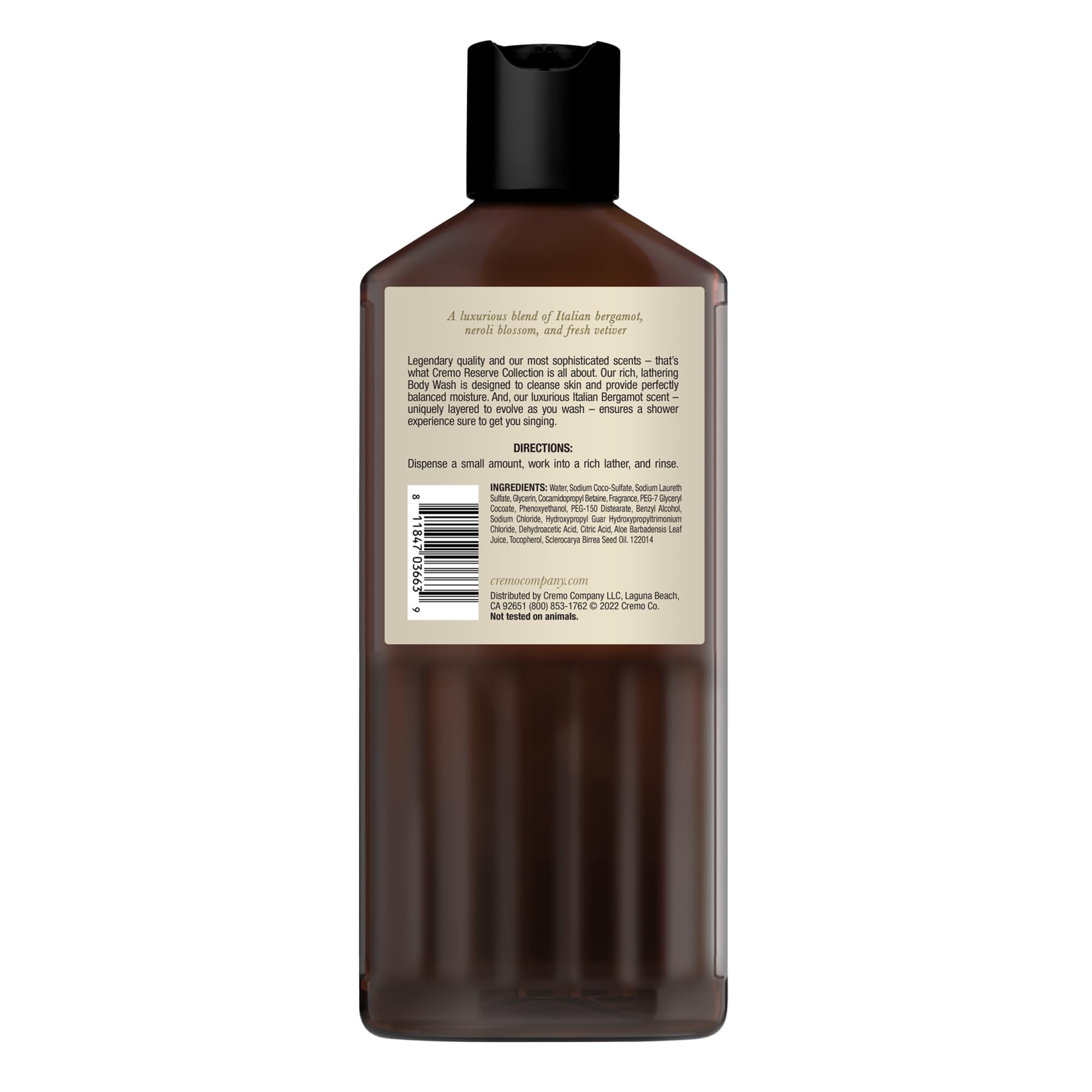 Cremo Rich-Lathering Italian Bergamot Body Wash, Notes of Italian Bergamot, Neroli Blossom, and Fresh Vetiver, 16 Fl Oz