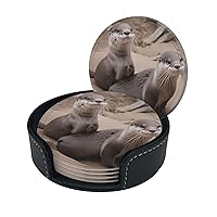Coasters Sets of 6 with Holder PU Leather Bar Drink Coasters for Coffee Table Home Decor, New Apartment Essentials for Men Women Housewarming Gifts - Cute Otter