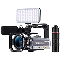 ORDRO AZ50 4K Camcorder Digital Zoom Video Camera, Night Vision with LED Light, Stereo Microphone, Wide Angle Lens, 12X Zoom Telescope, 64G SD Card, Lens Hood, Carrying Case,2 Batteries