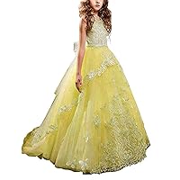 Girl's Lace Beaded Pageant Dress with Bow Cap Sleeves Flower Dress Kids