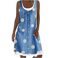 Fake Two Piece Dress for Women Summer Casual Scoop Neck Sleeveless Floral Denim Print Tank Dress Loose Flowy Sundress