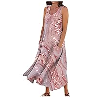 Sundresses for Women 2024 Summer Loose Round Neck Printed Sleeveless Large Swing Dress with Pockets