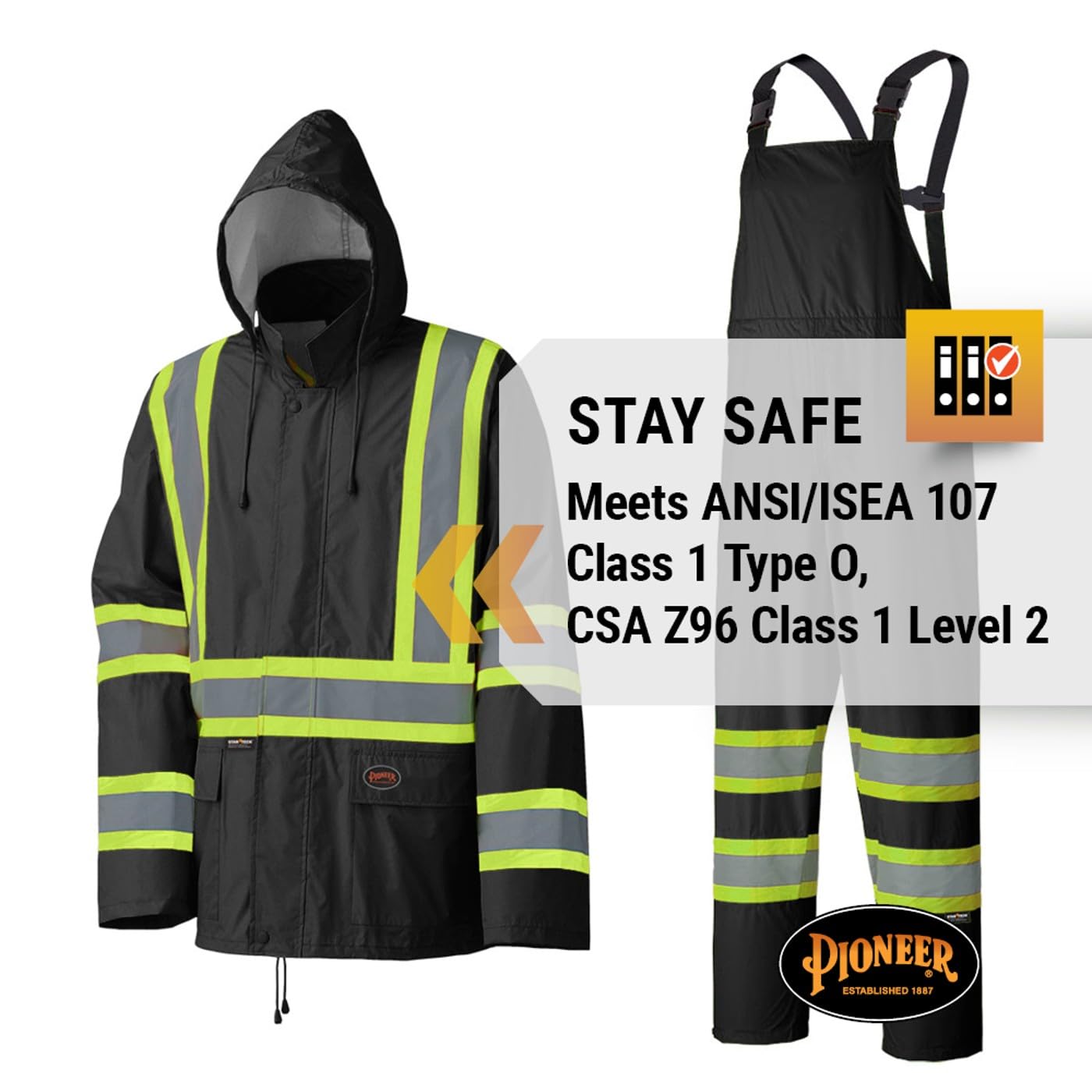 Pioneer Waterproof Lightweight Safety Rain Suit - Hi Vis Reflective Work Rain Gear - Safety Jacket &Bib Pants - Black, Large