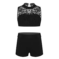 FEESHOW Girls 2 Piece Gymnastic Dance Sports Bra Crop Top with Shorts Outfit Set for Athletic Leotard Dancing Swimming