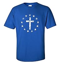 Men's Christian Cross Surrounded by Patriotic Betsy Ross Flag 13 Stars Short Sleeve T-Shirt-Royal-XXL