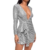 Women's Sequin Sparkly Glitter Party Club Dress Long Sleeve One Shoulder Wrap Cocktail Bodycon Dress Graduation Summer
