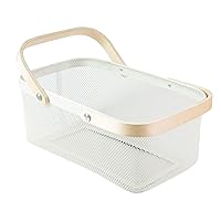Portable Garden Harvest Basket-Mesh Design Natural Bamboo Handle Wire Storage Baskets,Mesh Basket with Handle Organize Items Reduce Space Occupation,Suitable for Kitchen,Garden,Picnic(White)