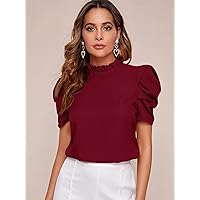 Women's Tops Women's Shirts Sexy Tops for Women Frill Mock Neck Puff Sleeve Top (Color : Burgundy, Size : Small)