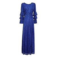 Women's Round Neck Long Sleeve Inspired Sequin Beaded Fringe Dress Blue