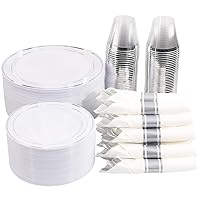 WELLIFE 350 Pcs Silver Plastic Plates with Silverware and Disposable Cups, Includes: 50 Dinner Plates 10.25”, 50 Dessert Plates 7.5”, 50 Silver 9 OZ Cups, 50 Pre Rolled Napkins Packed in