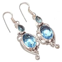 Wonderful! Blue Topaz Quartz HANDMADE Jewelry Sterling Silver Plated Earring 2.25