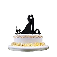 Wedding cake topper-kissing couple,3 cute pet cats