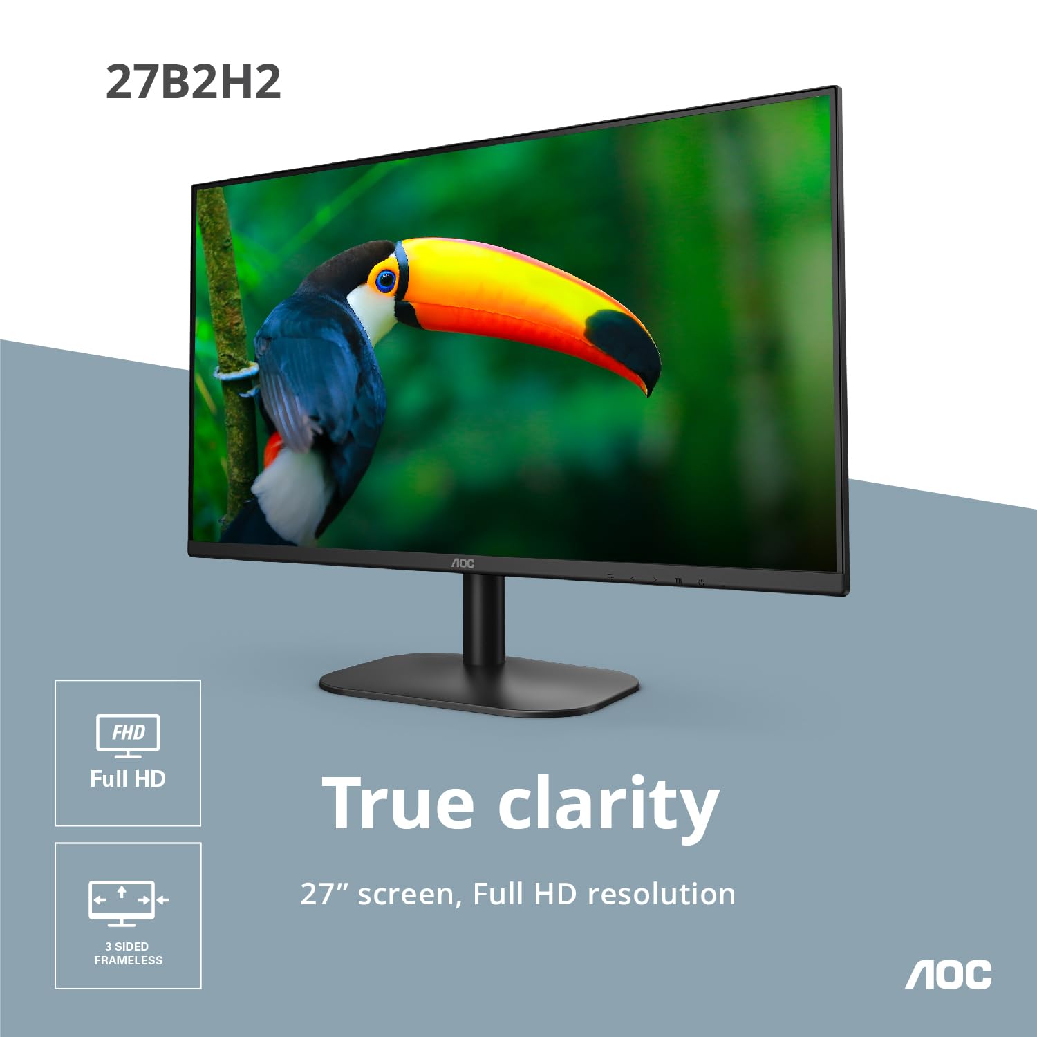 AOC 27B2H2 27” Frameless IPS Monitor, FHD 1920x1080, 100Hz, 101% sRGB, for Home and Office, HDMI and VGA Input, Low Blue Mode, VESA Compatible,Black