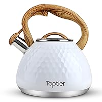 Tea Kettle, Toptier Teapot Whistling Kettle with Wood Pattern Handle Loud Whistle, Food Grade Stainless Steel Tea Pot for Stovetops Induction Diamond Design Water Kettle, 2.7-Quart White