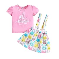 Children's Clothing,Girls' Puffy Sleeved T-Shirt And Easter Strap Skirt Two-Piece Sets,Easter Bunny Print Skirts Sets.