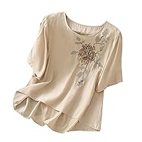 Women's Embroidery Floral Tee Tops Summer Crew Neck Short Sleeve Shirts Casual Loose Fit Lightweight Pullover Tees
