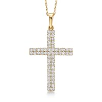 Gem Stone King 10K Yellow Gold White Lab Grown Diamond 2 Line Cross Crucifix Pendant Necklace For Women (0.44 Cttw, G-H Color, 55 Diamonds, 1 inch, Comes with 18 Inch Chain)