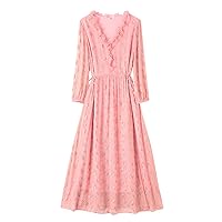 Women Dress Silk Floral Embroidery V Neck 3/4 Sleeve Drawstring Waist Pink Everyday Midi A-Line Skirt 2792