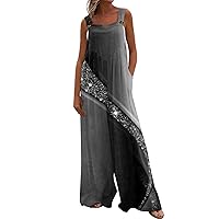 Women's Loose Sleeveless Jumpsuits Adjustable Spaghetti Strap Stretchy Wide Leg Pant Romper Overalls with Pockets