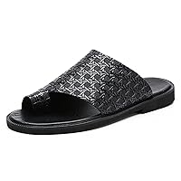 Men's Occasional Beach Sandals Genuine Leather Slip on Ring Toe Slipper Woven Perforated Flat Shoes Solid Color Slip Resistive Flexible Pool Slides Flip Flop