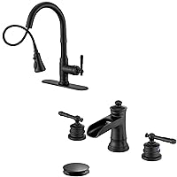 Black Pull Down Kitchen Faucet & Bathroom Faucet, 3-Modes Kitchen Faucet with Pull Out Sprayer 1 Hole, 8-16 Inch Brass Waterfall Bathroom Faucet 3 Hole with Pop-up Drain