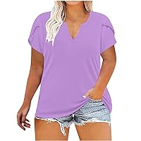 Plus Size Women Petal Short Sleeve Basic Tunic T-Shirts Summer Casual Loose Fit V Neck Solid Going Out Tee Tops