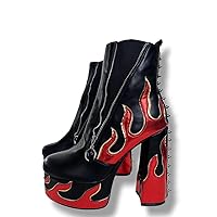 Frankie Hsu Ladies Sexy Chunky Block Platform Ankle High Heeled Bootie, Black Goth Red Flame Rivets Style, Big Large Size US4-14 Boot Shoes For Women Men