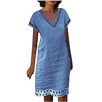 Plus Size Cotton Linen Dresses for Women Lace Panel V Neck Short Sleeve T Shirt Dress Plain Loose Flowy Beach Dress
