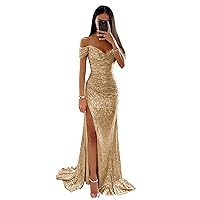 Off The Shoulder Sequin Prom Dresses for Women Sparkly Long Pleated Mermaid Formal Evening Party Gown with Slit