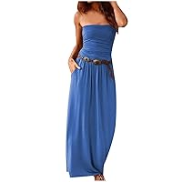Women's Bohemian Beach Flowy Round Neck Trendy Dress Casual Summer Swing Sleeveless Long Floor Maxi Solid Color Blue