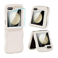 for Z Flip 5 Case, Galaxy Z Flip 5 Case with Screen Protector for Girls Women Soft Silicone Gel Rubber Cute Curly Wave Frame Protective Phone Case for Samsung Z Flip 5 2023- Beige