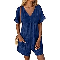 Womens Rompers for Summer 2024 Casual Fashion Ruched Overalls Short Sleeve Straight Jumpsuits with Pockets